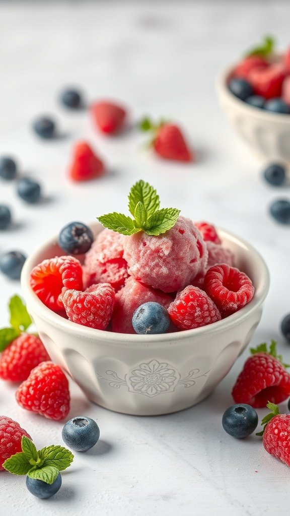 A bowl of frosted berry sorbet with fresh raspberries and blueberries