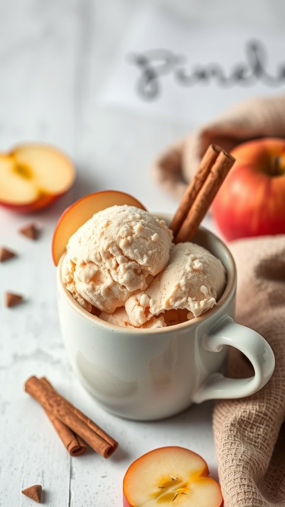 A bowl of spiced apple cider ice cream with cinnamon sticks and apple slices