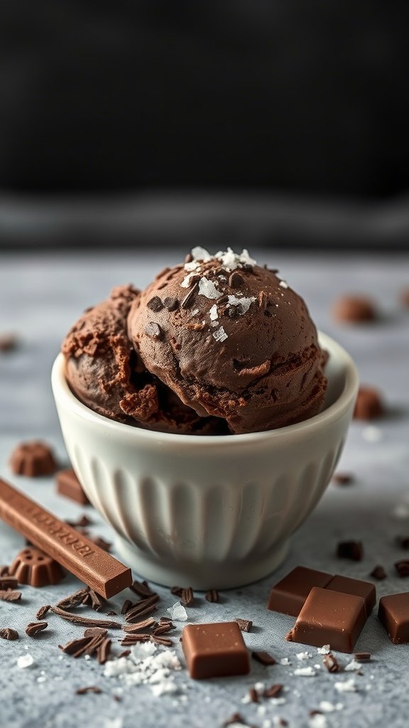 A bowl of dark chocolate ice cream topped with sea salt and surrounded by chocolate pieces.