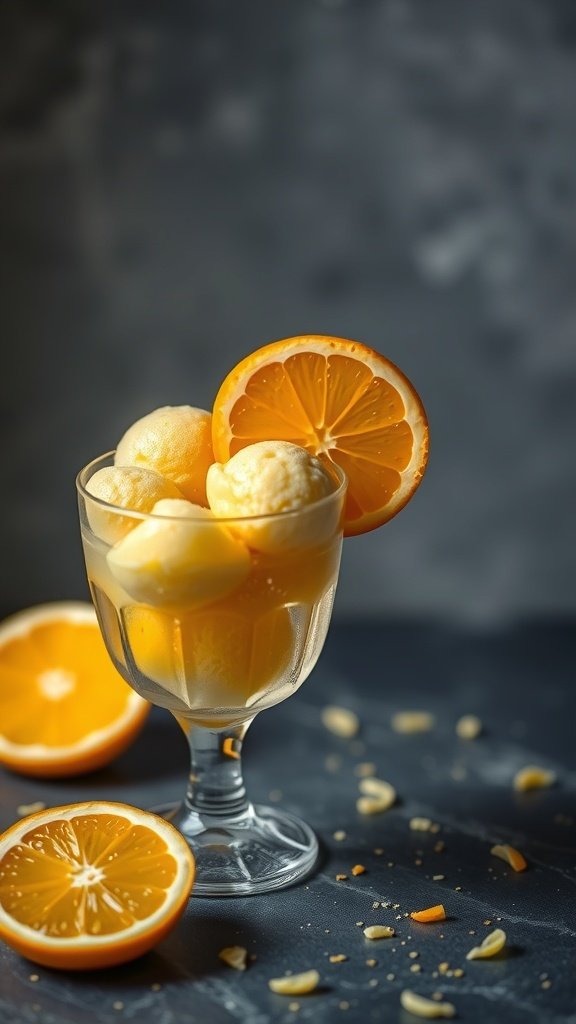 A glass of citrus zest sorbet with orange slices on the side