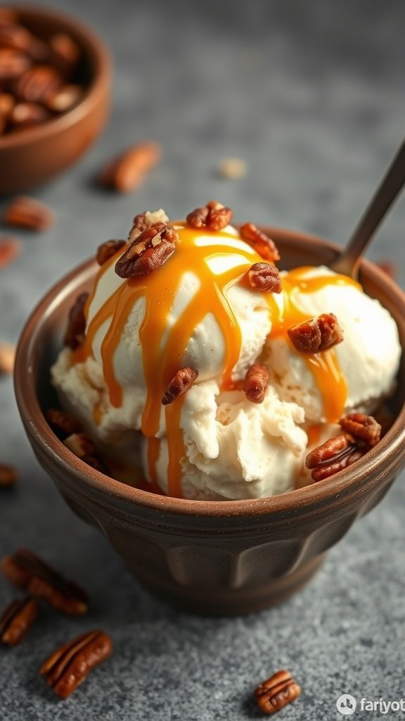 A bowl of Winterfell Maple Pecan Ice Cream topped with caramel and pecans.