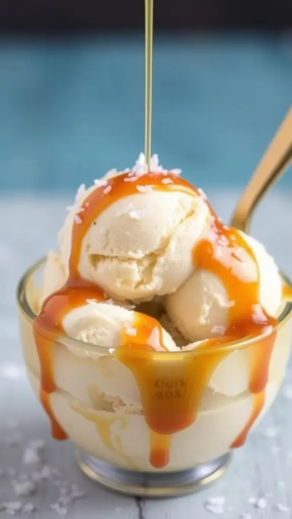 Bowl of Sea Salt Caramel Ice Cream with caramel drizzle and sea salt on top