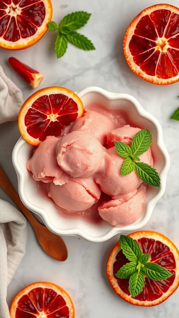 A bowl of Valyrian Blood Orange Gelato with blood orange slices and mint leaves
