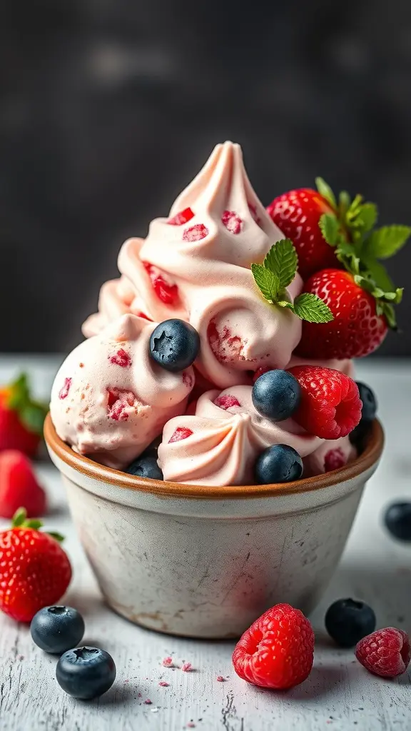 A bowl of Craster's Berry Patch Ice Cream topped with fresh strawberries and blueberries.