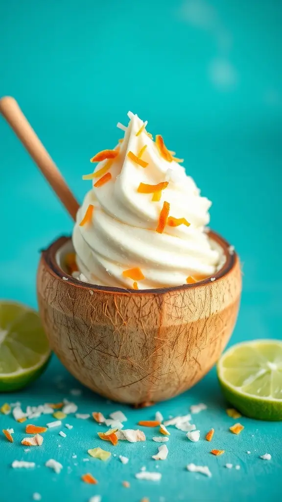 A bowl of Coconut Lime Ice Cream topped with coconut flakes and lime slices