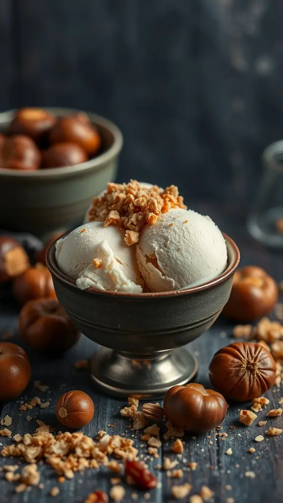 A bowl of Chestnut Praline Ice Cream topped with crunchy praline and surrounded by chestnuts.