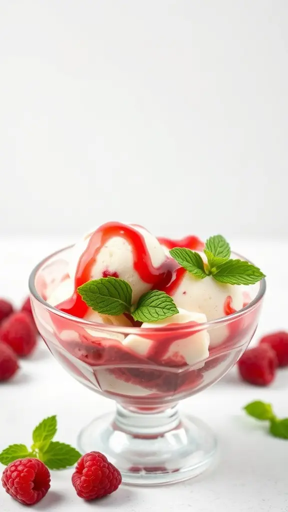A bowl of raspberry ripple ice cream with fresh raspberries and mint leaves