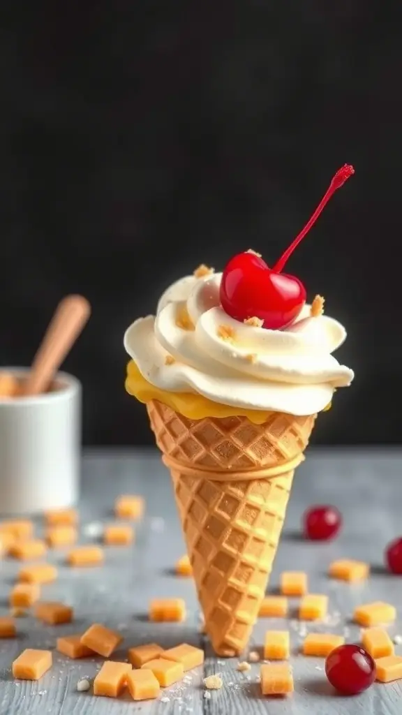 A delicious ice cream cone topped with whipped cream and a cherry, surrounded by caramel cubes.