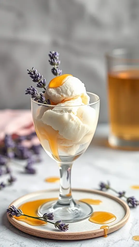 A glass of Lavender Honey Ice Cream topped with honey and lavender sprigs.
