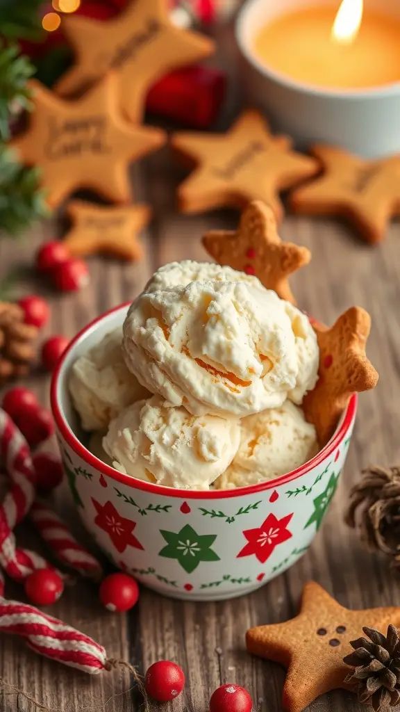 A bowl of gingerbread ice cream with gingerbread cookies, festive decorations, and a warm atmosphere.