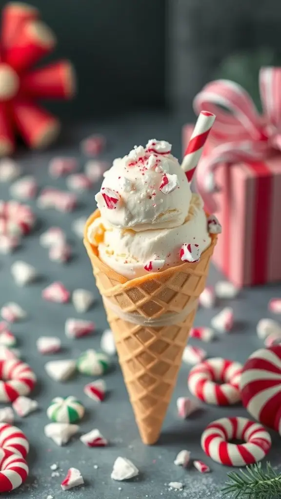 A delicious cone of peppermint bark ice cream topped with crushed candy canes, surrounded by festive candy and decorations.