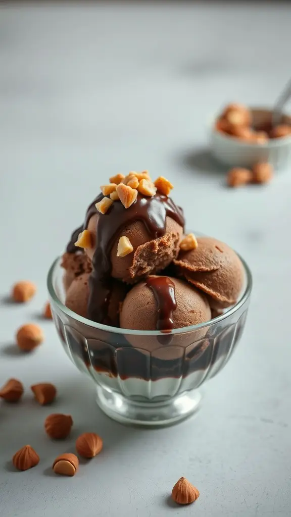 A bowl of rich chocolate hazelnut ice cream topped with chocolate sauce and chopped hazelnuts.