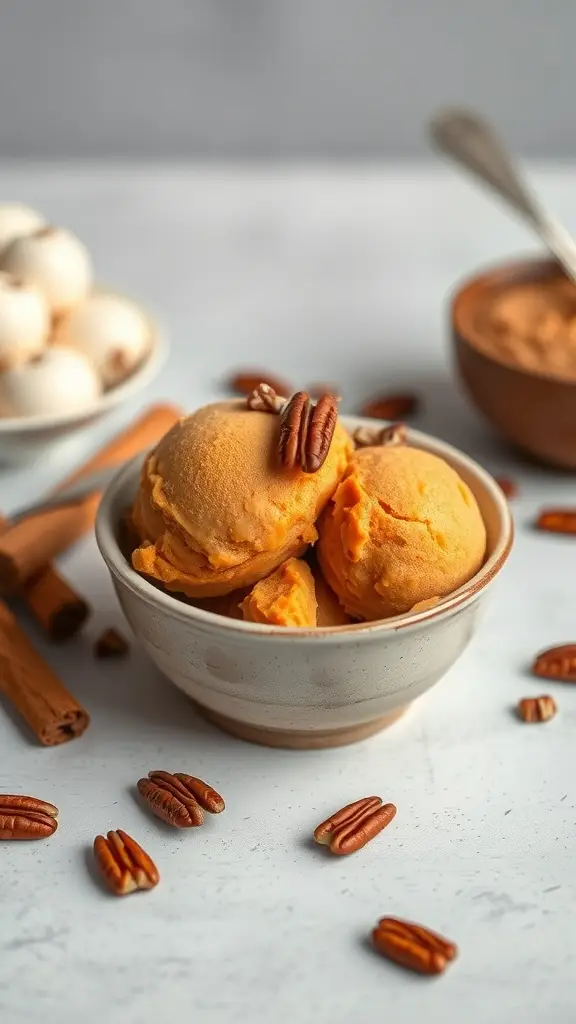 Bowl of sweet potato ice cream topped with pecans and cinnamon sticks