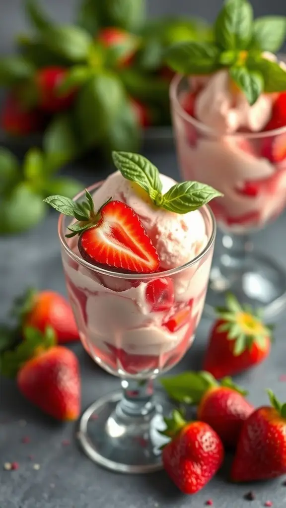 Strawberry basil ice cream served in a glass with fresh strawberries and basil leaves.
