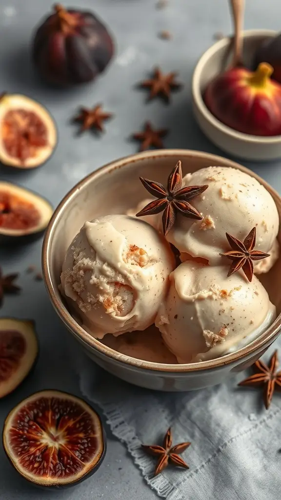 A bowl of Fig and Anise Ice Cream garnished with star anise and fresh figs.