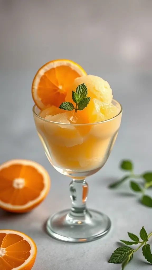 A glass of King's Landing Citrus Sorbet garnished with mint leaves and orange slices.