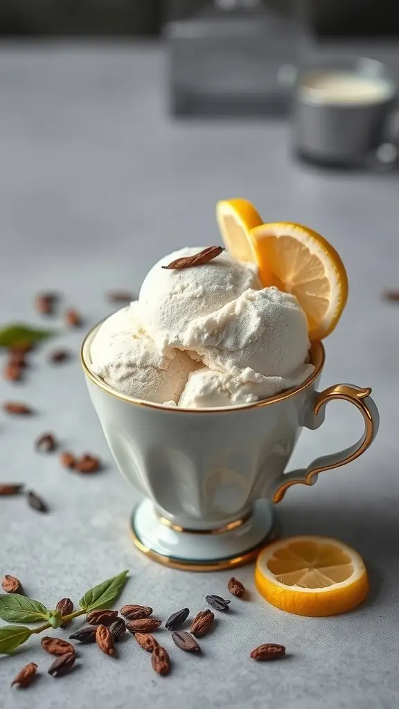 A cup of Earl Grey tea ice cream garnished with lemon slices and tea leaves.