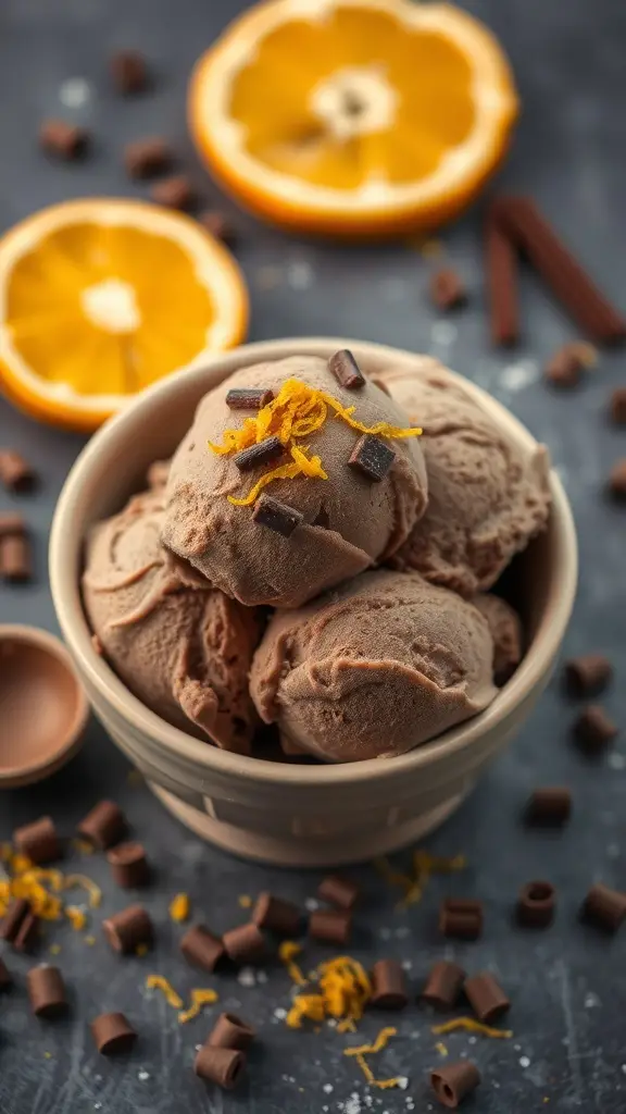 A bowl of Chocolate Orange Ice Cream garnished with orange zest and chocolate chips, surrounded by orange slices and chocolate curls.