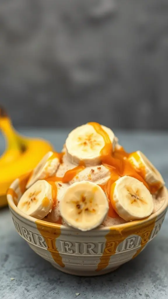 A bowl of caramelized banana ice cream topped with banana slices and caramel drizzle.