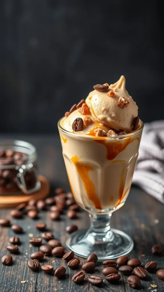 A delicious serving of Coffee Toffee Ice Cream topped with toffee bits and coffee beans.
