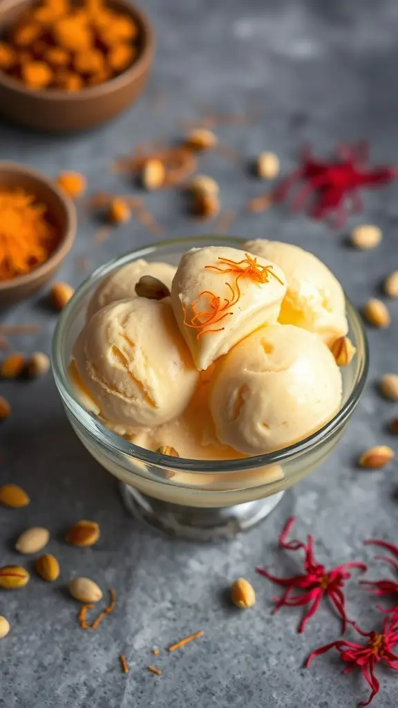 A bowl of saffron ice cream garnished with pistachios and saffron threads, surrounded by saffron and nuts.