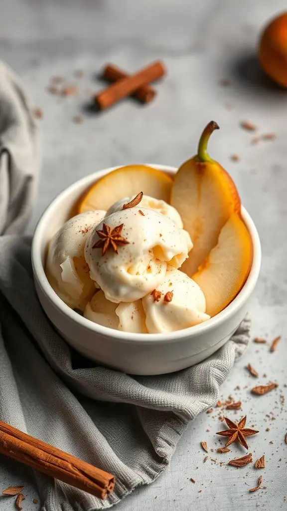 A bowl of spiced pear ice cream garnished with pear slices and cinnamon sticks.