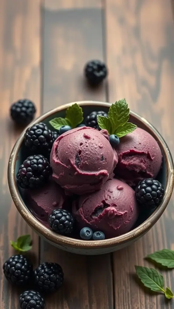A bowl of blackberry bramble ice cream garnished with fresh blackberries and mint leaves.