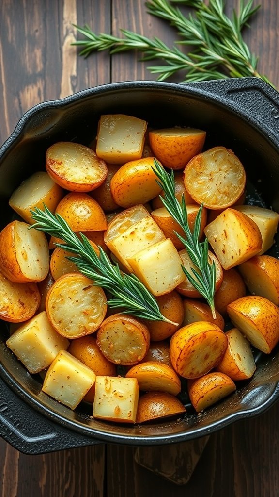 A bowl of garlic roasted potatoes with herbs