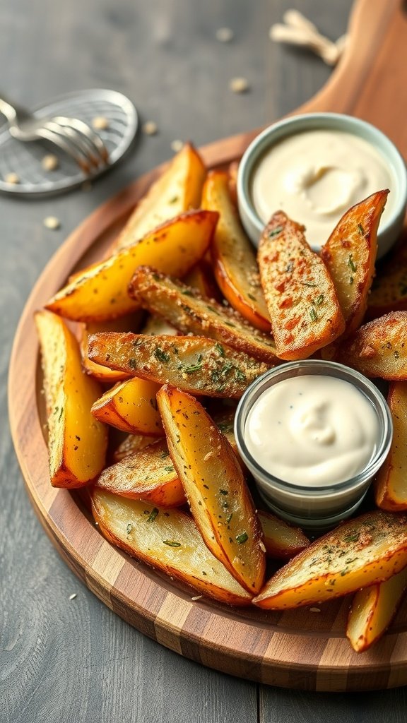 A platter of herbed potato wedges served with dipping sauces.