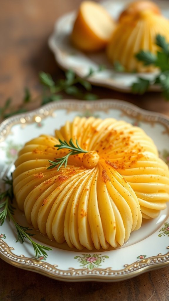 A plate of herb-infused Duchess potatoes, beautifully piped and garnished with herbs.