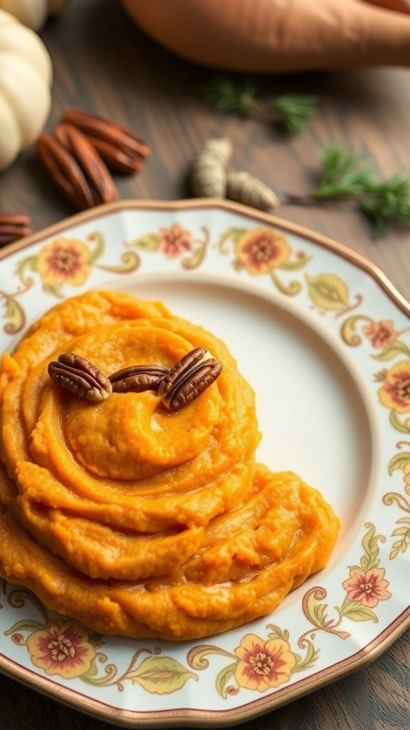 A plate of Dragonstone Spiced Sweet Potato Mash garnished with pecans.