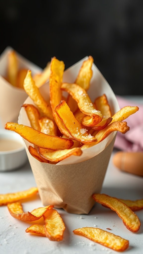 A serving of crispy sea salt and vinegar potato chips in a paper cone.