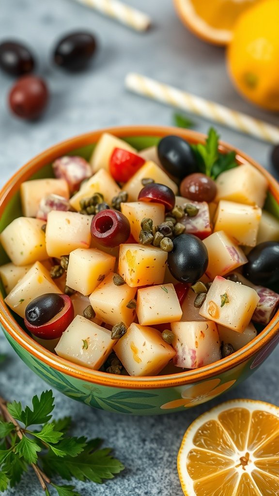 A vibrant bowl of Dorne's Zesty Potato Salad with olives and colorful vegetables.