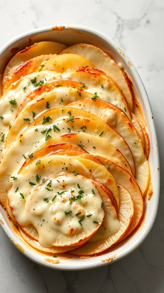 A creamy potato gratin with layers of white, sweet, and purple potatoes topped with cheese.