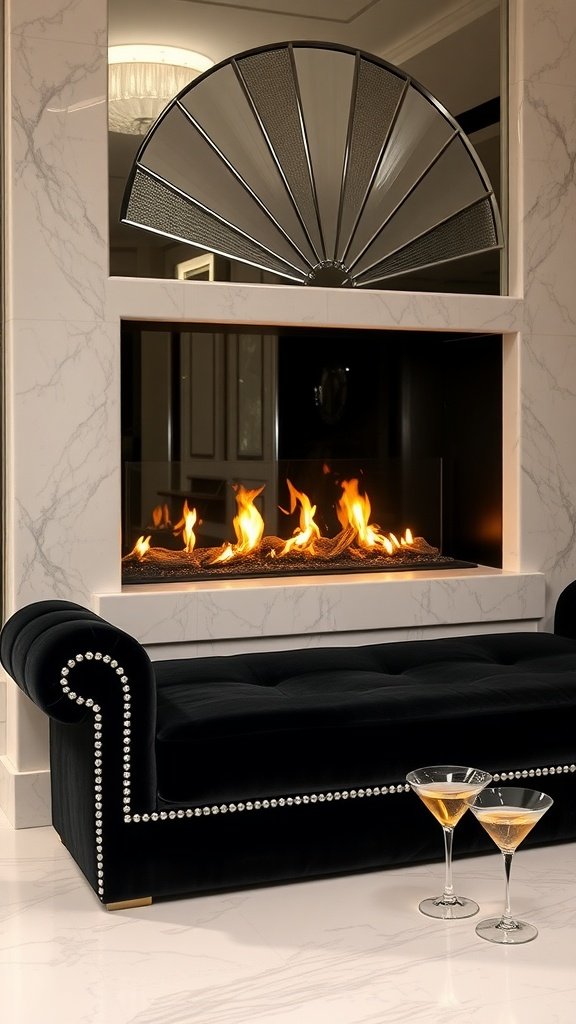 A black tufted couch by a fireplace, with two cocktail glasses on a marble floor.
