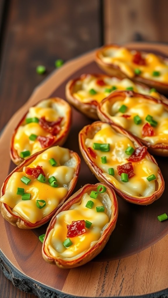 Deliciously baked potato skins topped with cheese and green onions on a wooden platter.