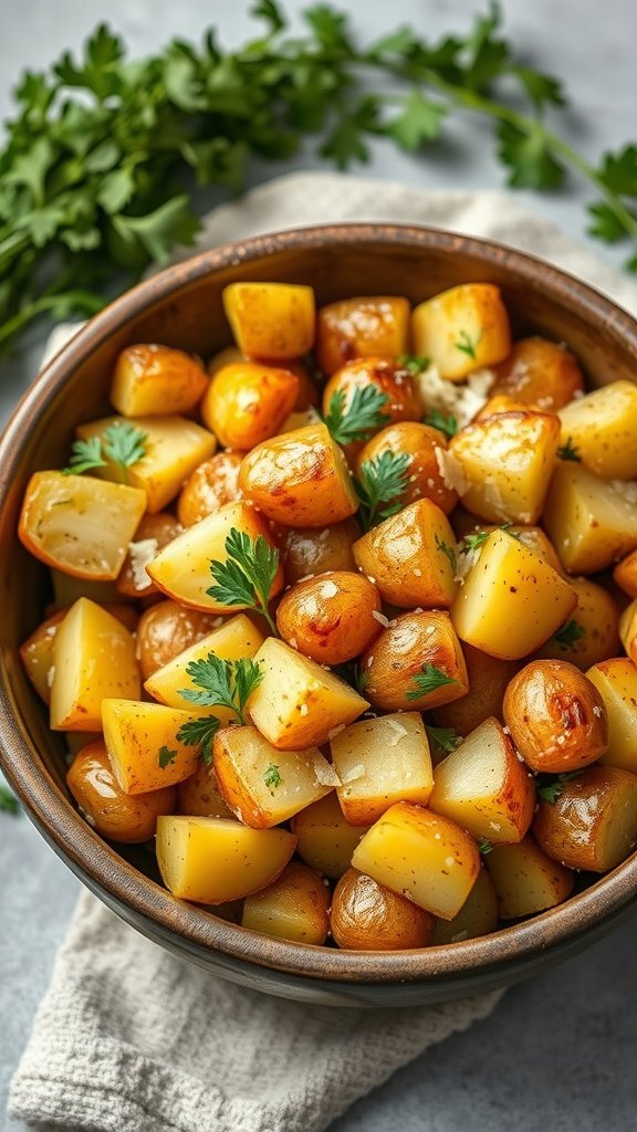A bowl of roasted garlic and Parmesan potatoes garnished with parsley.