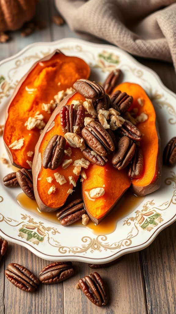 Maple glazed sweet potatoes topped with pecans on a decorative plate.