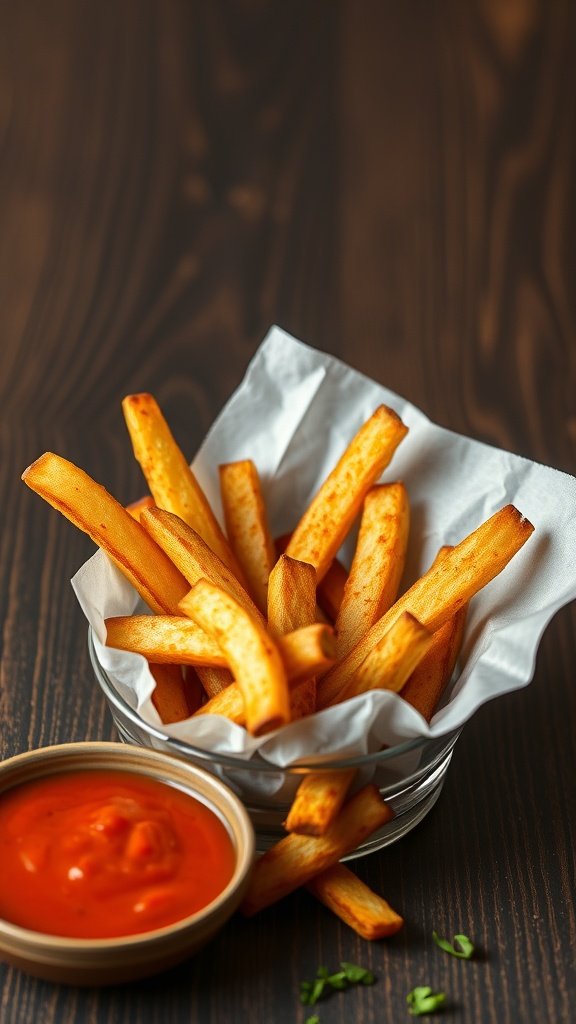 A bowl of crispy potato fries served with a dipping sauce.