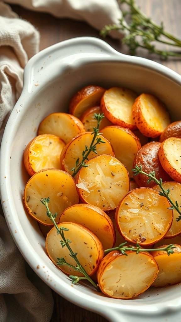 A dish of lemon thyme potato bake featuring sliced potatoes and lemon.