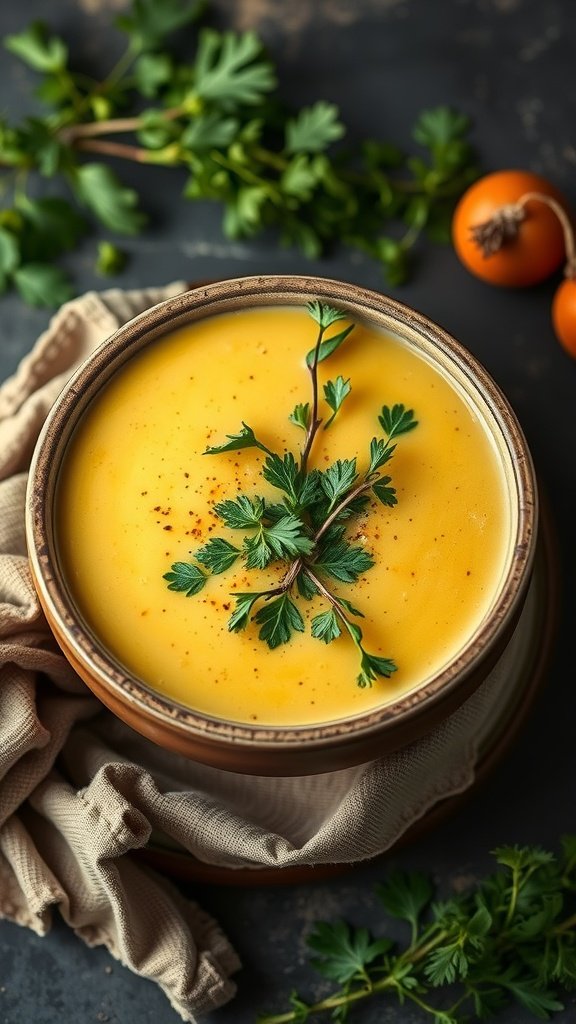 A bowl of saffron and garlic potato soup garnished with parsley.