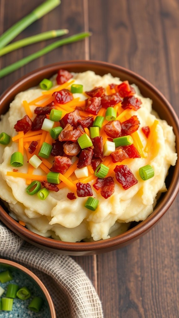 A bowl of loaded mashed potatoes topped with cheese, bacon, and green onions.