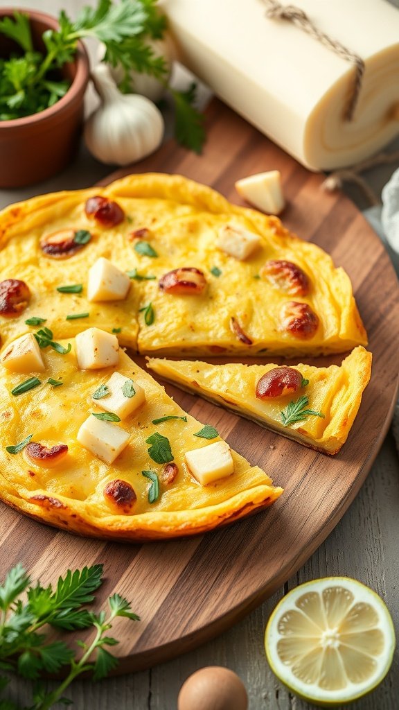 A delicious potato and leek frittata on a wooden board, garnished with herbs.