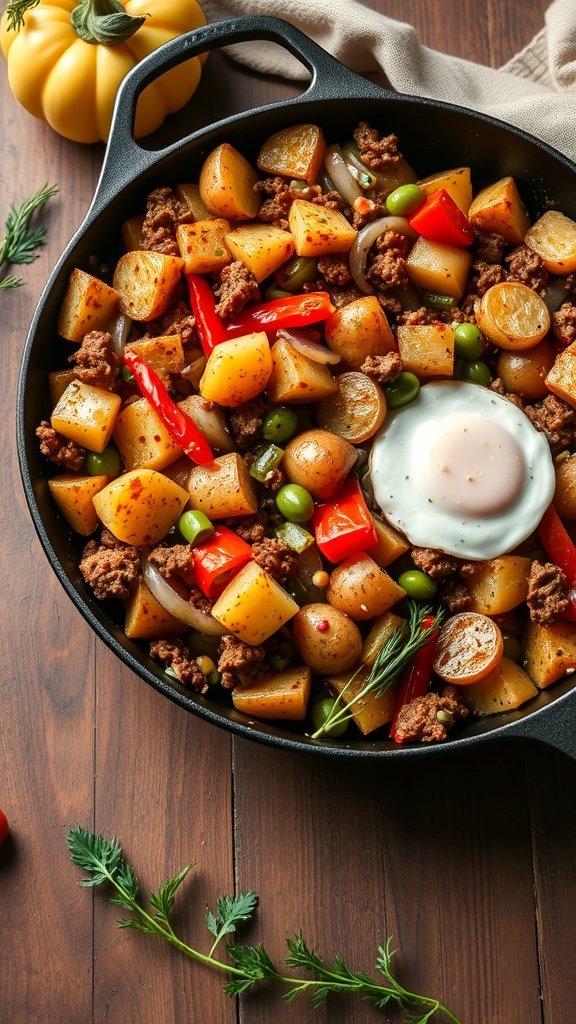 A skillet filled with spicy potato and chorizo hash, showcasing diced white, sweet, and purple potatoes mixed with colorful peppers and herbs.