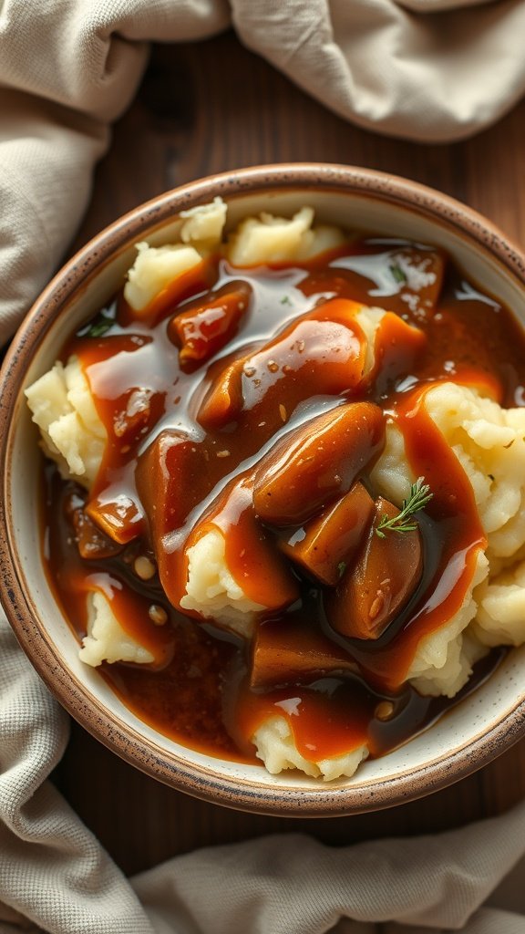A bowl of rustic mashed potatoes topped with gravy, showcasing a creamy texture and rich color.