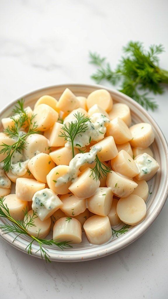 A bowl of House Tully's Dill and Sour Cream Potato Salad with fresh dill on top.