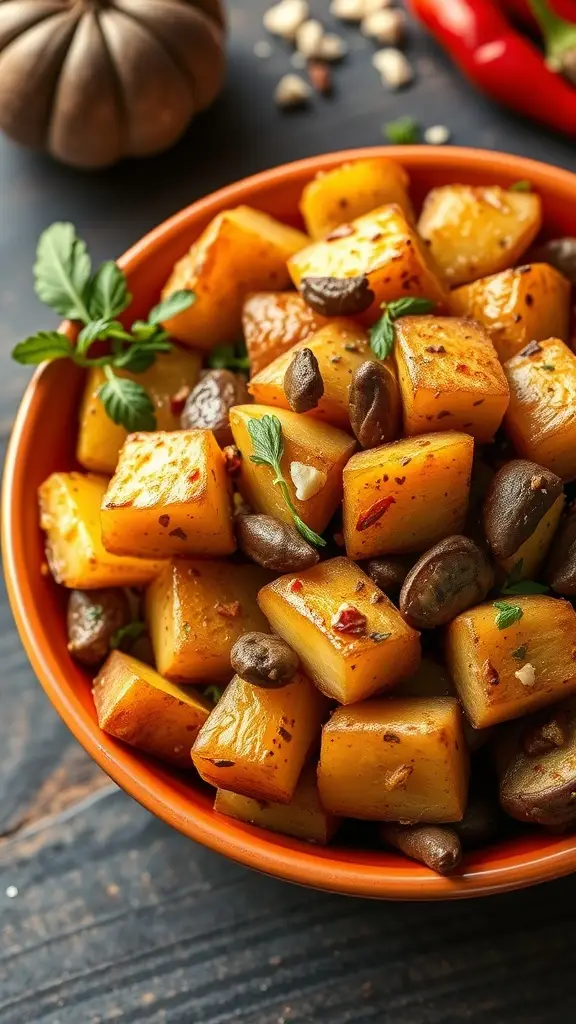 A bowl of spicy roasted potatoes featuring white, sweet, and purple varieties, garnished with herbs.