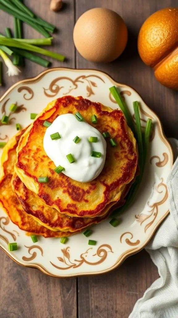 Crispy potato pancakes topped with sour cream and chives on a decorative plate.