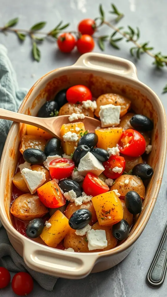 A Mediterranean potato bake with various types of potatoes, olives, tomatoes, and feta cheese.