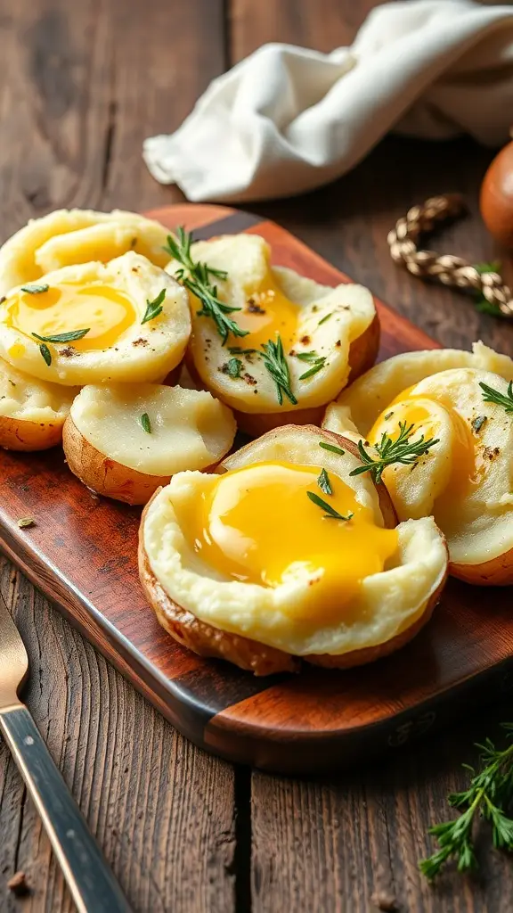 A wooden platter with smashed potatoes topped with egg yolks and herbs.